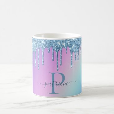 Glam Blue Glitter Drips Elegant Monogram  Coffee Mug