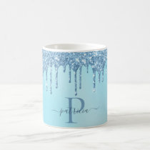 Glam Blue Glitter Drips Elegant Monogram  Coffee Mug