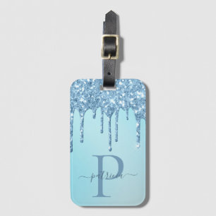Glam Blue Glitter Drips Elegant Monogram Luggage Luggage Tag