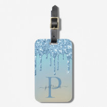 Glam Blue Glitter Drips Elegant Monogram  Luggage Tag