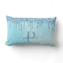 Glam Blue Glitter Drips Elegant Monogram  Lumbar P Lumbar Pillow