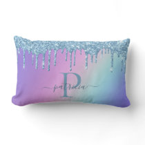 Glam Blue Glitter Drips Elegant Monogram Lumbar Pillow