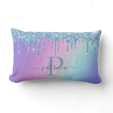 Glam Blue Glitter Drips Elegant Monogram Lumbar Pillow