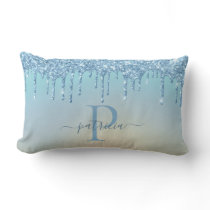 Glam Blue Glitter Drips Elegant Monogram  Lumbar Pillow