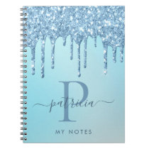 Glam Blue Glitter Drips Elegant Monogram Notebook