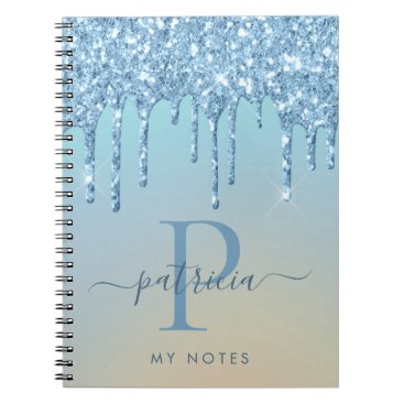 Glam Blue Glitter Drips Elegant Monogram Notebook