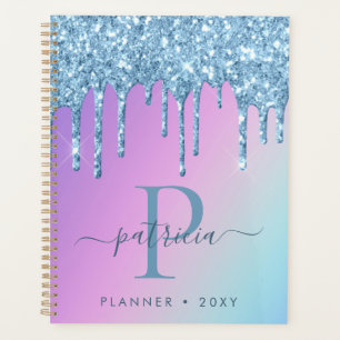 Glam Blue Glitter Drips Elegant Monogram Planner