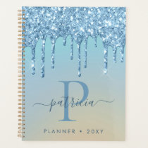 Glam Blue Glitter Drips Elegant Monogram   Planner