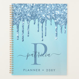 Glam Blue Glitter Drips Elegant Monogram Planner