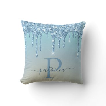 Glam Blue Glitter Drips Elegant Monogram  Throw Pillow