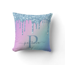 Glam Blue Glitter Drips Elegant Monogram   Throw Pillow
