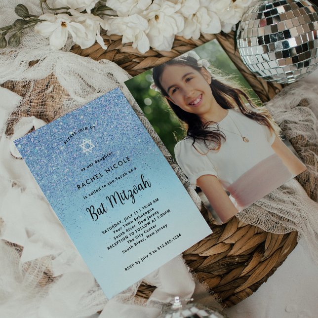 Glam Blue Glitter Look Bat Mitzvah | Photo Back Invitation (Creator Uploaded)