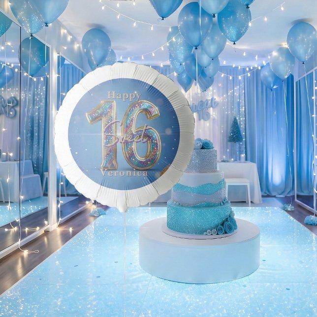 Glam Blue Glitter Sweet 16 Birthday Party Balloon (Creator Uploaded)