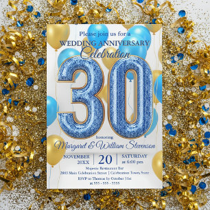 Glam Blue Gold Balloons 30th Wedding Anniversary Invitation
