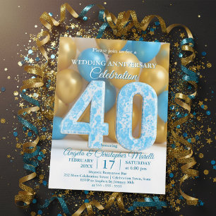 Glam Blue Gold Balloons 40th Wedding Anniversary Invitation