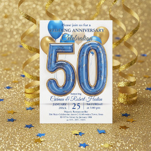 Glam Blue Gold Balloons 50th Wedding Anniversary Invitation