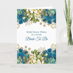 Glam Blue Gold Floral Bridal Shower Card