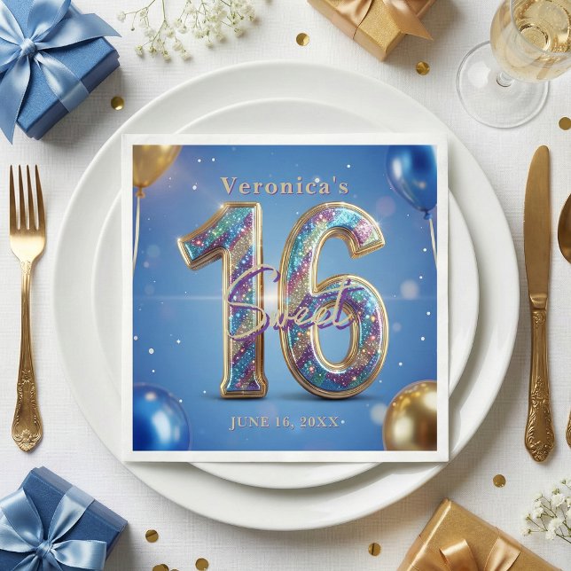 Glam Blue Gold Glitter Balloon Sweet 16 Birthday Napkins (Creator Uploaded)
