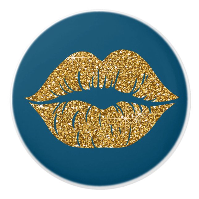 Glam Blue Gold Glitter Lips Trendy Sparkle Ceramic Knob (Front)