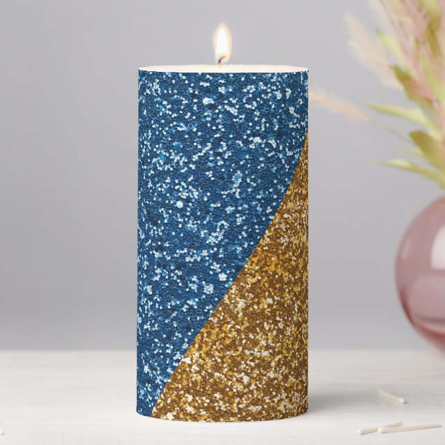 Glam Blue Gold Glitter Sparkle Simple Elegance Pillar Candle (In Situ)