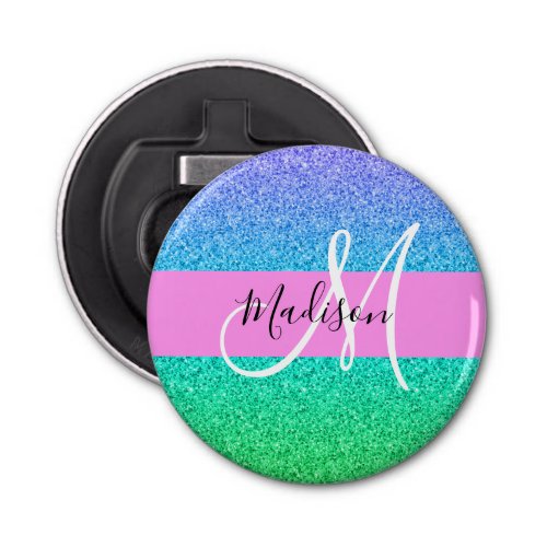 Glam Blue Green Glitter Sparkle Gradient Monogram Bottle Opener