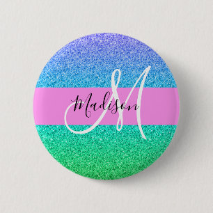 Glam Blue Green Glitter Sparkle Gradient Monogram Button