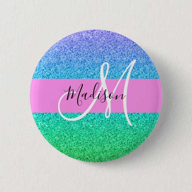 Glam Blue Green Glitter Sparkle Gradient Monogram Button (Front)