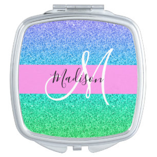 Glam Blue Green Glitter Sparkle Gradient Monogram Compact Mirror