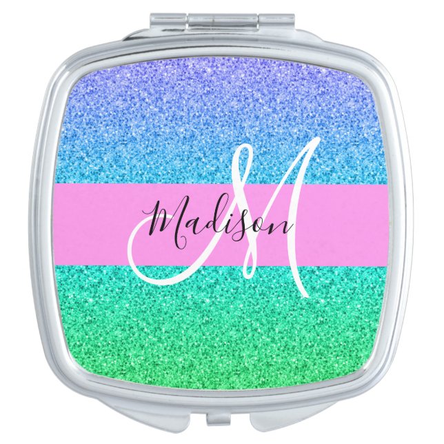 Glam Blue Green Glitter Sparkle Gradient Monogram Compact Mirror (Front)