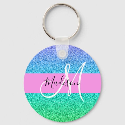 Glam Blue Green Glitter Sparkle Gradient Monogram Keychain