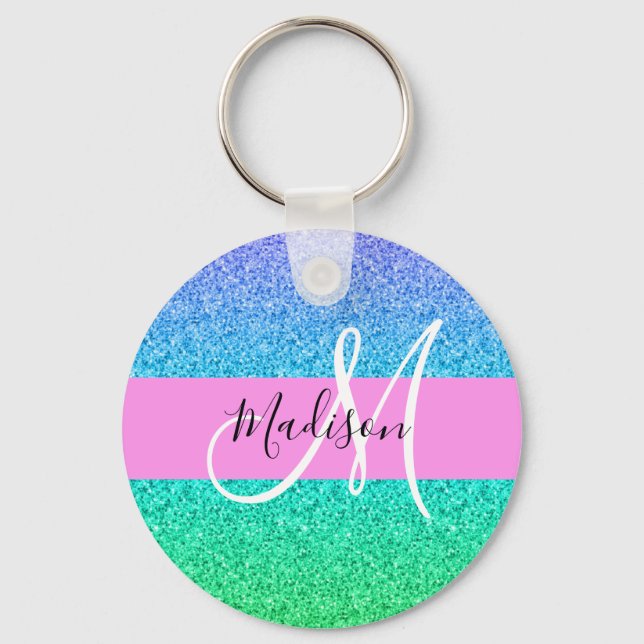 Glam Blue Green Glitter Sparkle Gradient Monogram Keychain (Front)