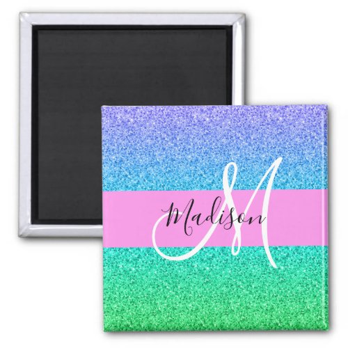 Glam Blue Green Glitter Sparkle Gradient Monogram Magnet