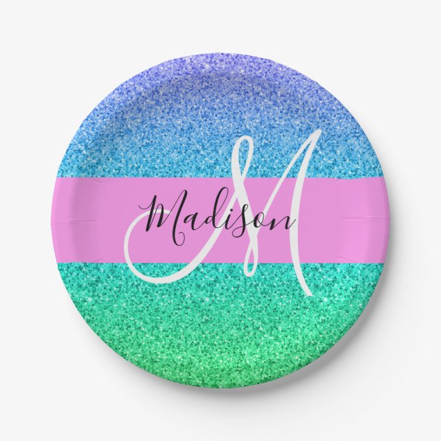 Glam Blue Green Glitter Sparkle Gradient Monogram Paper Plates (Front)