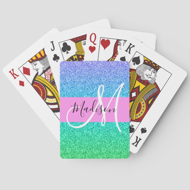 Glam Blue Green Glitter Sparkle Gradient Monogram Poker Cards (Back)