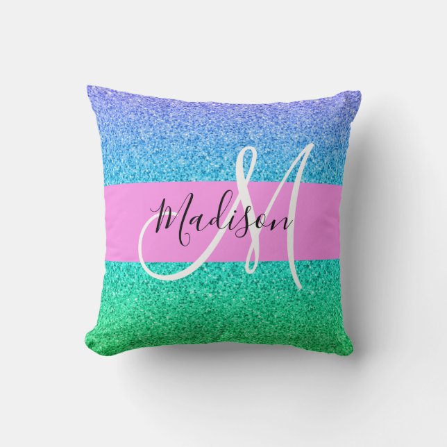 Glam Blue Green Glitter Sparkle Gradient Monogram Throw Pillow (Front)