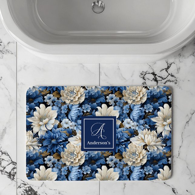 Glam Blue Ivory Flowers Custom Name Bath Mat (Glam Blue Ivory Flowers Custom Name Bath Mat)