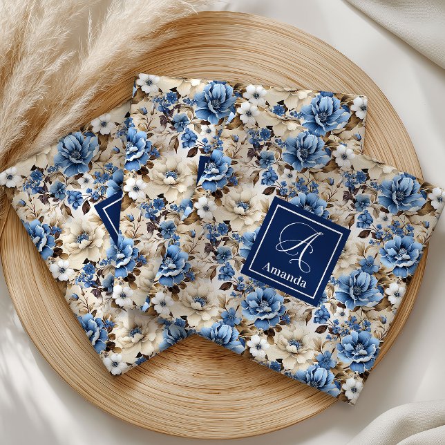 Glam Blue Ivory Flowers Custom Name Cloth Napkins (Glam Blue Ivory Flowers Custom Name Cloth Napkins)