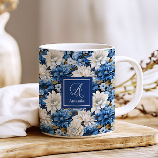 Glam Blue Ivory Flowers Custom Name Coffee Mug