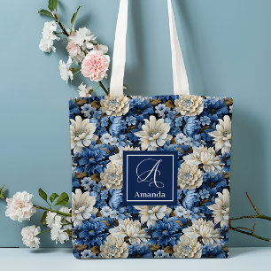 Glam Blue Ivory Flowers Custom Name Tote Bag