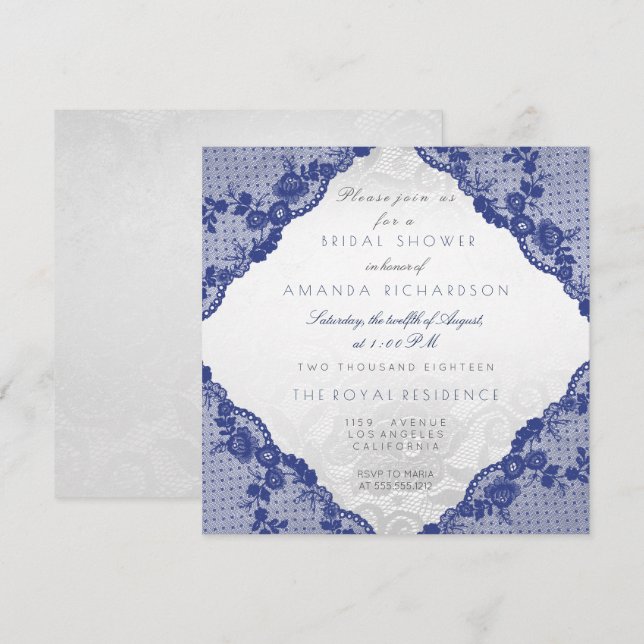 Glam Blue Navy Lace Silver Floral Bridal Shower Invitation (Front/Back)