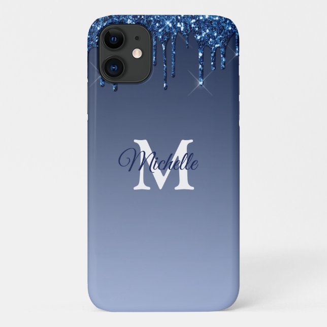 Glam & Blue Ombre Glitter Personalized Monogram Case-Mate iPhone Case (Back)
