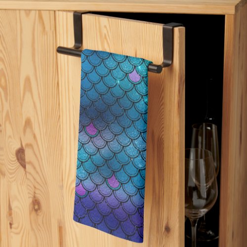 Glam Blue Purple Faux Glitter Mermaid Scales Kitchen Towel