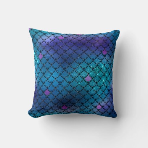 Glam Blue Purple Faux Glitter Mermaid Scales Throw Pillow