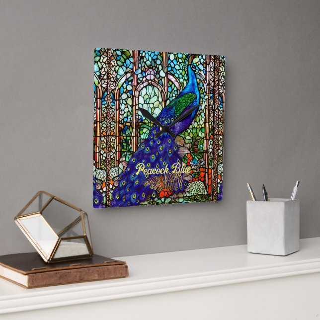 Glam Blue Purple Peacock Stained Glass Square Wall Clock (Office)