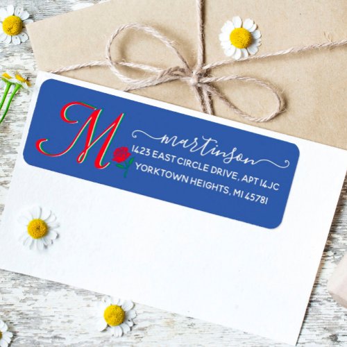 Glam Blue Red Rose Custom Color Monogram  Label