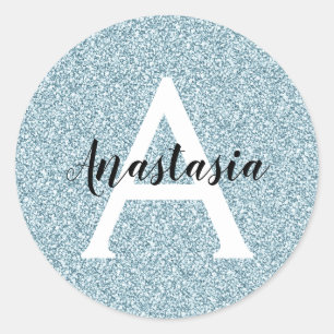 Glam Blue Silver Glitter Sparkles Monogram Name Classic Round Sticker
