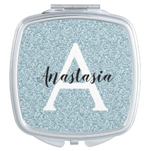 Glam Blue Silver Glitter Sparkles Monogram Name Compact Mirror