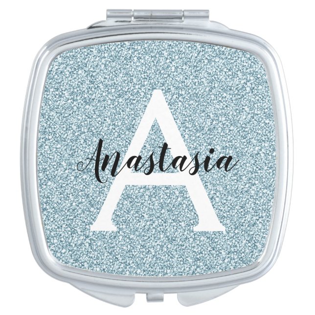 Glam Blue Silver Glitter Sparkles Monogram Name Compact Mirror (Front)