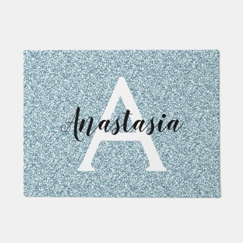 Glam Blue Silver Glitter Sparkles Monogram Name Doormat