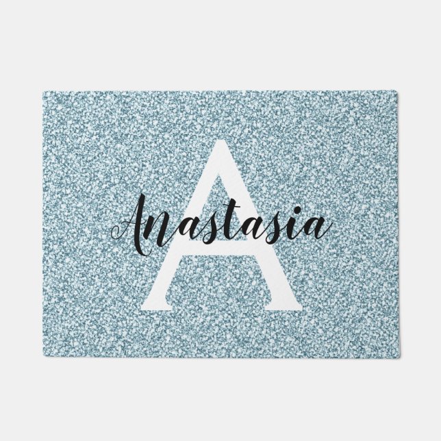 Glam Blue Silver Glitter Sparkles Monogram Name Doormat (Front)